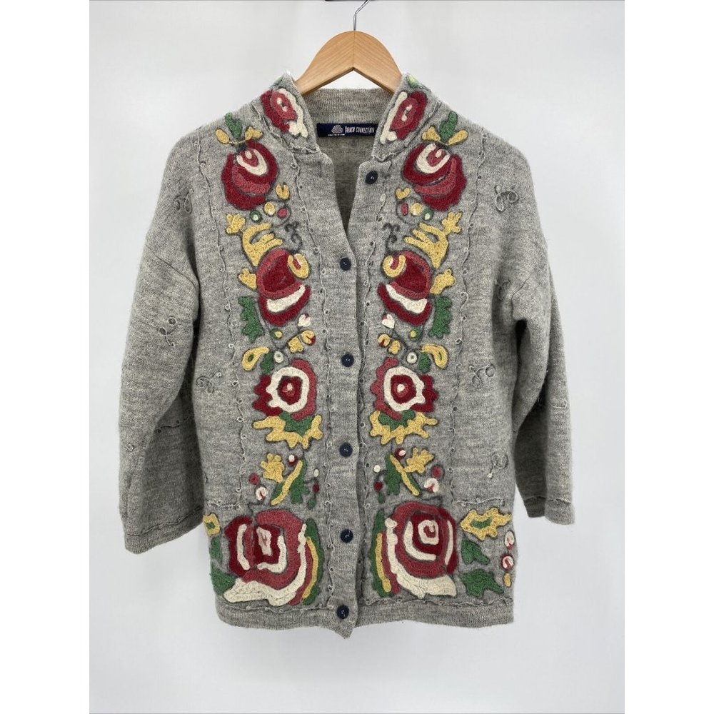 Vintage French Connection 100% Wool Cardigan Sweater Gray Floral Large